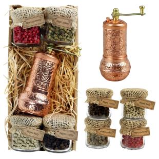 Copper Turkish Grinder & Peppercorns  Gift Set 