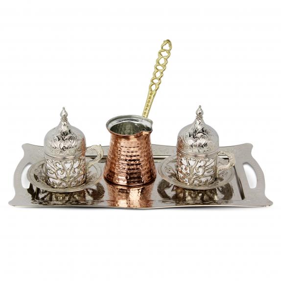 Turkish Anatolian  Coffee Set For Two Silver