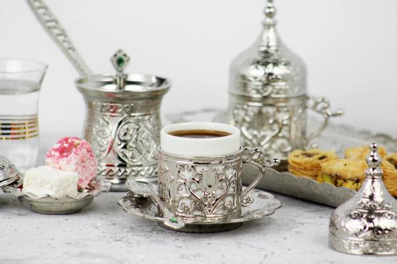 Turkish Anatolian  Coffee Set For Two Silver Premium