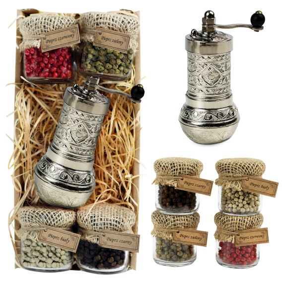 Silver Turkish Grinder & Peppercorns  Gift Set 