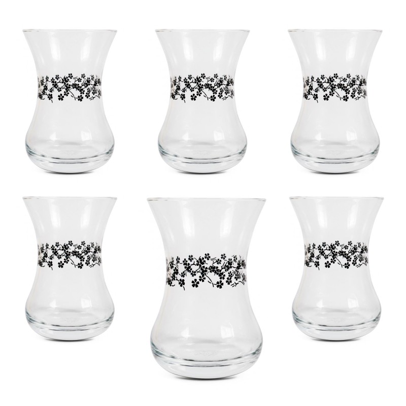 6x Turkish Tea Glass 'Black Flowers' 135 ml | Paşabahçe