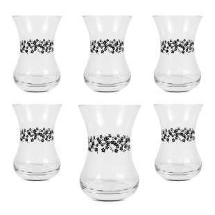 6x Turkish Tea Glass 'Black Flowers' 135 ml  Paşabahçe