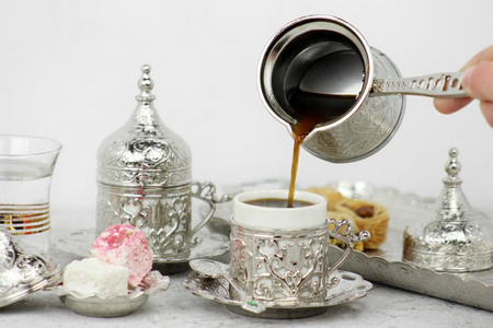 Turkish Anatolian  Coffee Set For Two Silver Premium