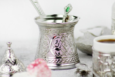 Turkish Anatolian  Coffee Set For Two Silver Premium
